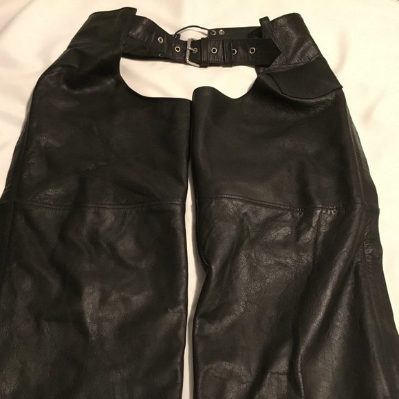 Silver Bike Adult Leather Chaps Size Medium Black Full Zip Leg Adjustable Waist - Picture 2 of 13